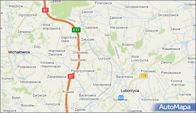 mapa Łuczyce gmina Kocmyrzów-Luborzyca, Łuczyce gmina Kocmyrzów-Luborzyca na mapie Targeo