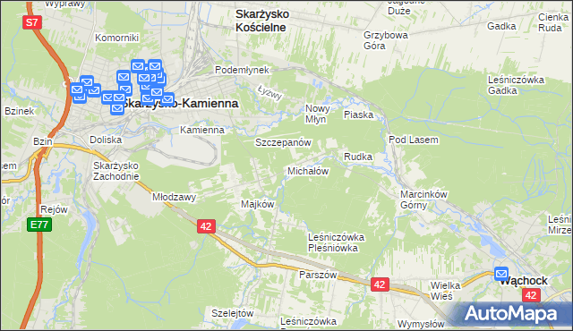 mapa Michałów gmina Skarżysko Kościelne, Michałów gmina Skarżysko Kościelne na mapie Targeo