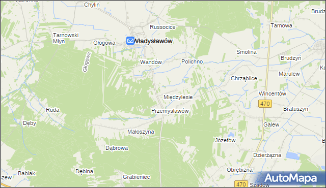 mapa Międzylesie gmina Władysławów, Międzylesie gmina Władysławów na mapie Targeo