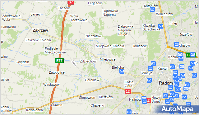 mapa Milejowice gmina Zakrzew, Milejowice gmina Zakrzew na mapie Targeo
