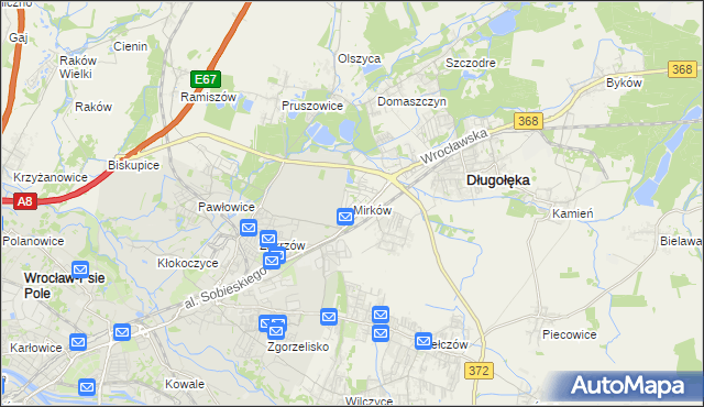 mapa Mirków gmina Długołęka, Mirków gmina Długołęka na mapie Targeo