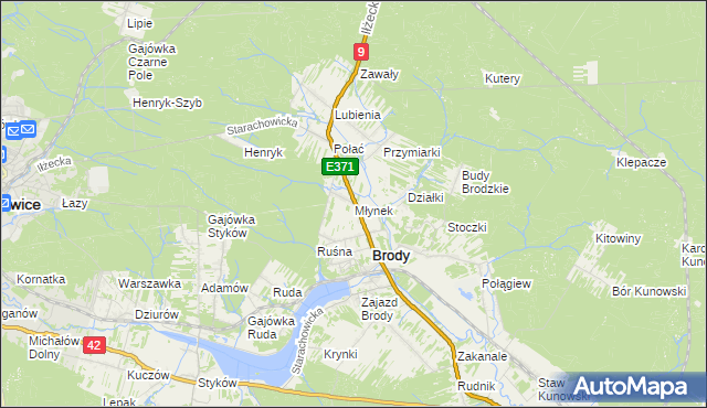 mapa Młynek gmina Brody, Młynek gmina Brody na mapie Targeo
