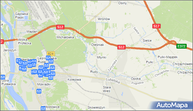 mapa Młynki gmina Końskowola, Młynki gmina Końskowola na mapie Targeo