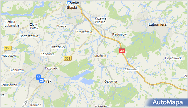mapa Młyńsko gmina Gryfów Śląski, Młyńsko gmina Gryfów Śląski na mapie Targeo