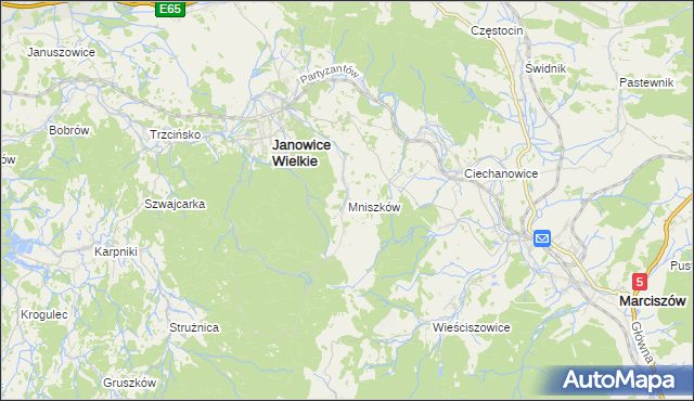 mapa Mniszków gmina Janowice Wielkie, Mniszków gmina Janowice Wielkie na mapie Targeo