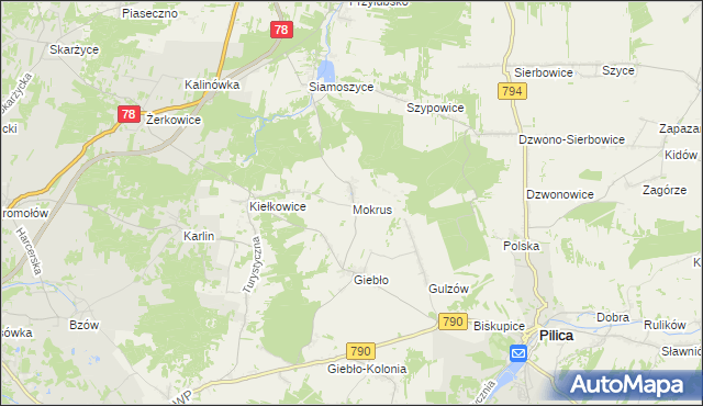 mapa Mokrus gmina Ogrodzieniec, Mokrus gmina Ogrodzieniec na mapie Targeo