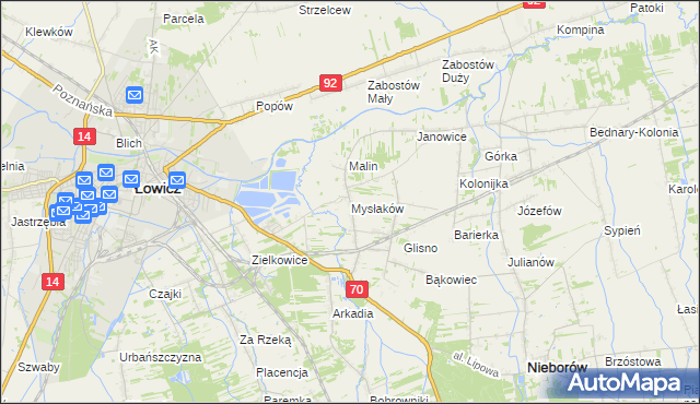 mapa Mysłaków gmina Nieborów, Mysłaków gmina Nieborów na mapie Targeo
