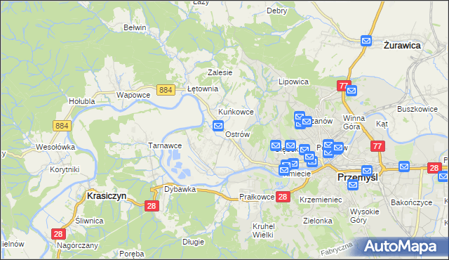 mapa Ostrów gmina Przemyśl, Ostrów gmina Przemyśl na mapie Targeo