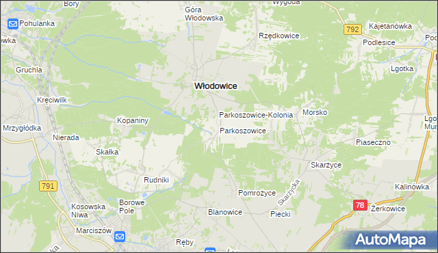mapa Parkoszowice gmina Włodowice, Parkoszowice gmina Włodowice na mapie Targeo
