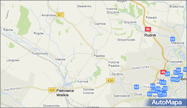 mapa Pawłów gmina Pietrowice Wielkie, Pawłów gmina Pietrowice Wielkie na mapie Targeo