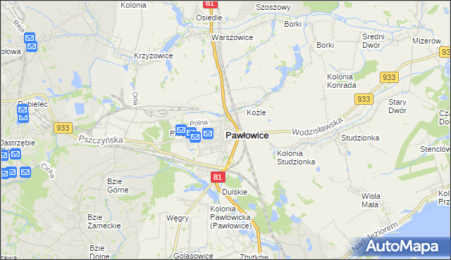 mapa Pawłowice powiat pszczyński, Pawłowice powiat pszczyński na mapie Targeo