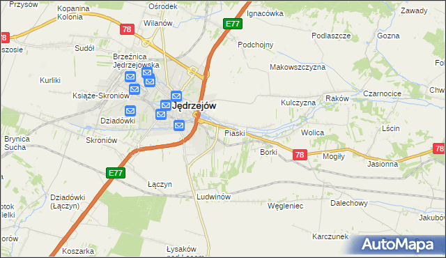 mapa Piaski gmina Jędrzejów, Piaski gmina Jędrzejów na mapie Targeo