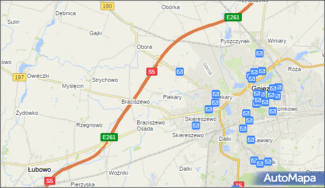 mapa Piekary gmina Gniezno, Piekary gmina Gniezno na mapie Targeo