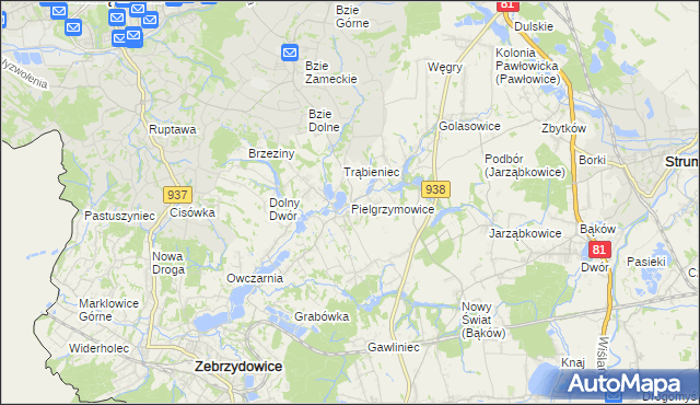 mapa Pielgrzymowice gmina Pawłowice, Pielgrzymowice gmina Pawłowice na mapie Targeo