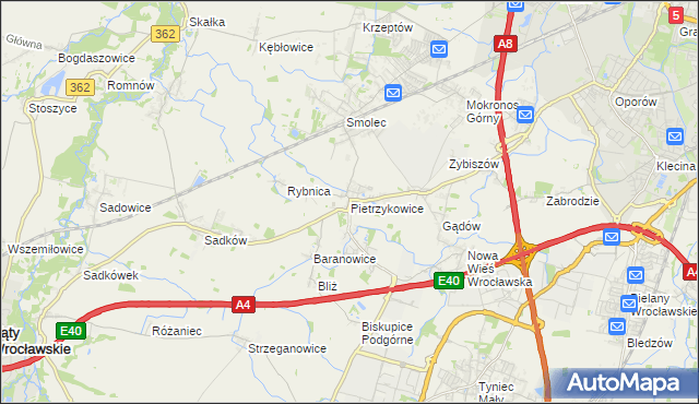 mapa Pietrzykowice gmina Kąty Wrocławskie, Pietrzykowice gmina Kąty Wrocławskie na mapie Targeo