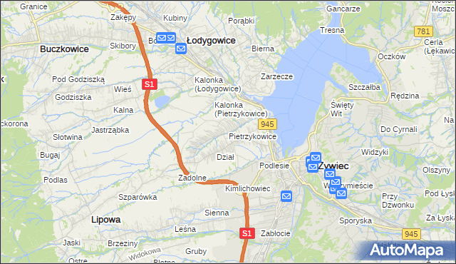 mapa Pietrzykowice gmina Łodygowice, Pietrzykowice gmina Łodygowice na mapie Targeo
