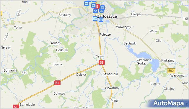 mapa Plęsy gmina Bartoszyce, Plęsy gmina Bartoszyce na mapie Targeo