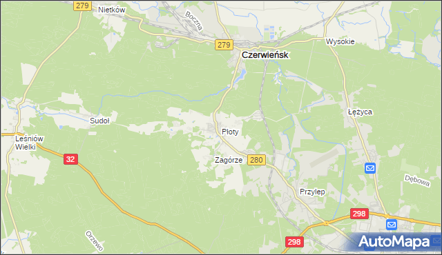 mapa Płoty gmina Czerwieńsk, Płoty gmina Czerwieńsk na mapie Targeo