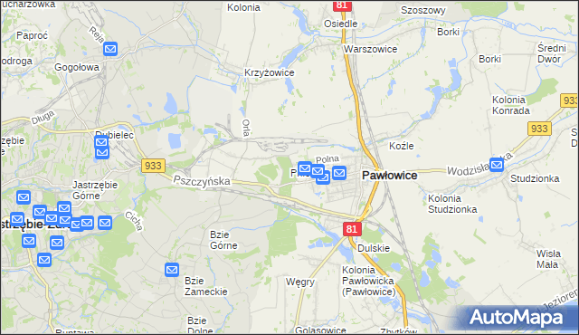 mapa Pniówek gmina Pawłowice, Pniówek gmina Pawłowice na mapie Targeo