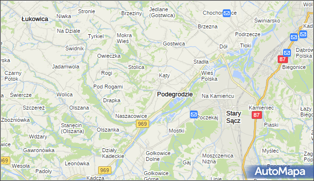 mapa Podegrodzie powiat nowosądecki, Podegrodzie powiat nowosądecki na mapie Targeo