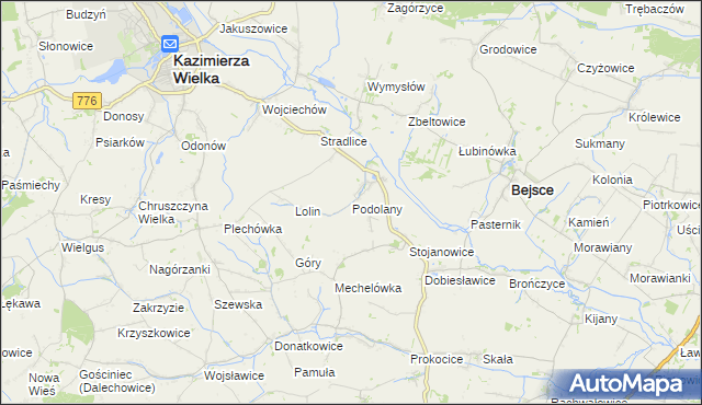 mapa Podolany gmina Kazimierza Wielka, Podolany gmina Kazimierza Wielka na mapie Targeo