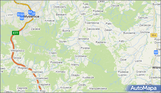 mapa Poręba gmina Myślenice, Poręba gmina Myślenice na mapie Targeo