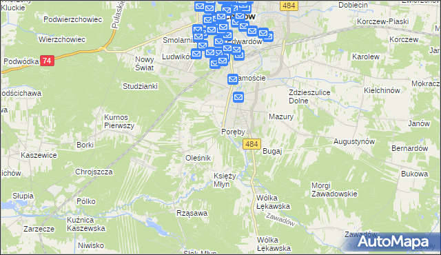 mapa Poręby gmina Bełchatów, Poręby gmina Bełchatów na mapie Targeo