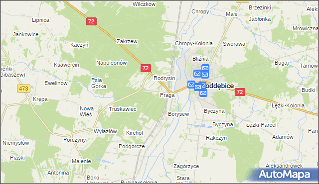mapa Praga gmina Poddębice, Praga gmina Poddębice na mapie Targeo