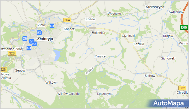 mapa Prusice gmina Złotoryja, Prusice gmina Złotoryja na mapie Targeo