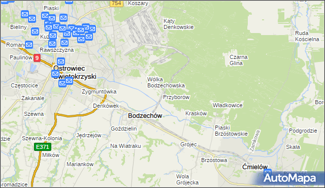 mapa Przyborów gmina Bodzechów, Przyborów gmina Bodzechów na mapie Targeo
