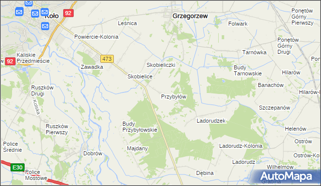mapa Przybyłów gmina Koło, Przybyłów gmina Koło na mapie Targeo