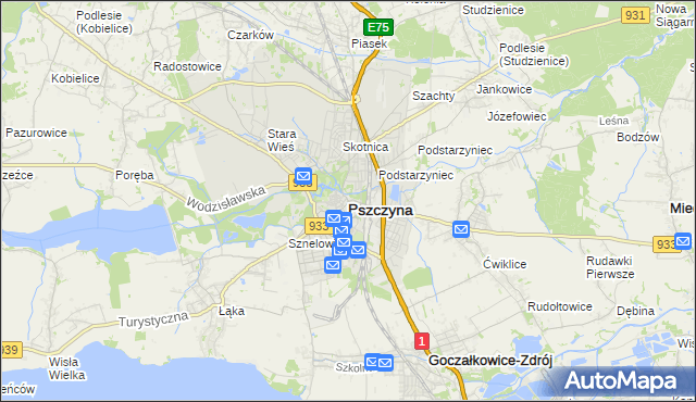 mapa Pszczyny, Pszczyna na mapie Targeo