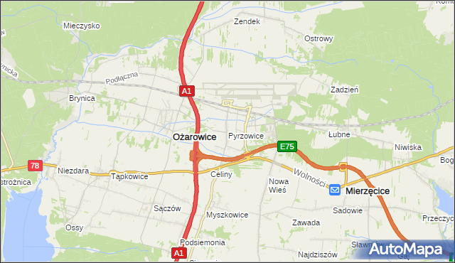 mapa Pyrzowice, Pyrzowice na mapie Targeo