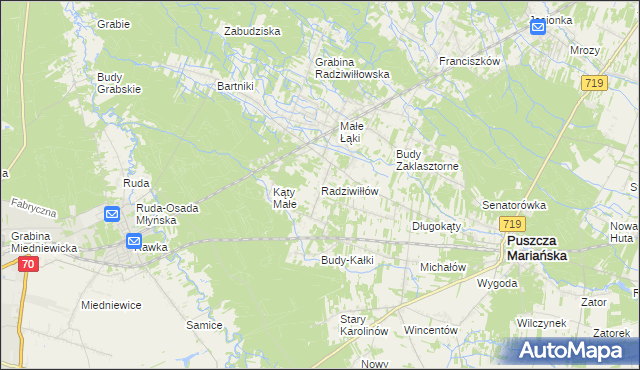 mapa Radziwiłłów gmina Puszcza Mariańska, Radziwiłłów gmina Puszcza Mariańska na mapie Targeo