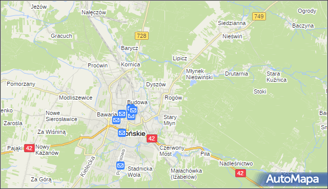 mapa Rogów gmina Końskie, Rogów gmina Końskie na mapie Targeo