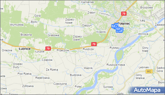 mapa Ruszcza gmina Połaniec, Ruszcza gmina Połaniec na mapie Targeo