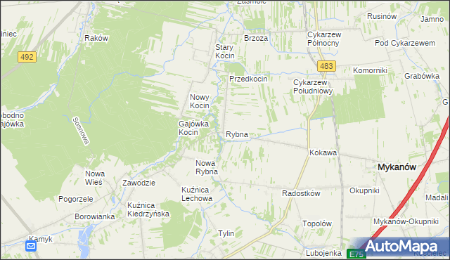 mapa Rybna gmina Mykanów, Rybna gmina Mykanów na mapie Targeo