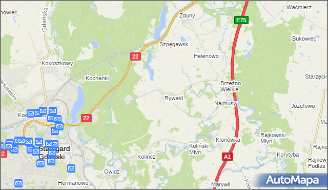 mapa Rywałd gmina Starogard Gdański, Rywałd gmina Starogard Gdański na mapie Targeo