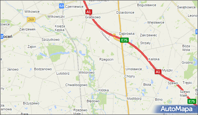 mapa Rzegocin gmina Lubień Kujawski, Rzegocin gmina Lubień Kujawski na mapie Targeo
