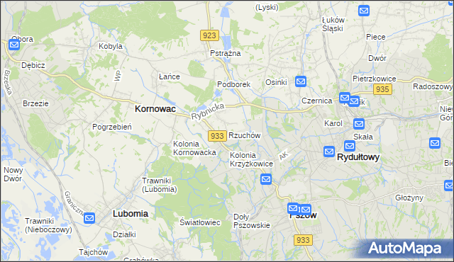 mapa Rzuchów gmina Kornowac, Rzuchów gmina Kornowac na mapie Targeo