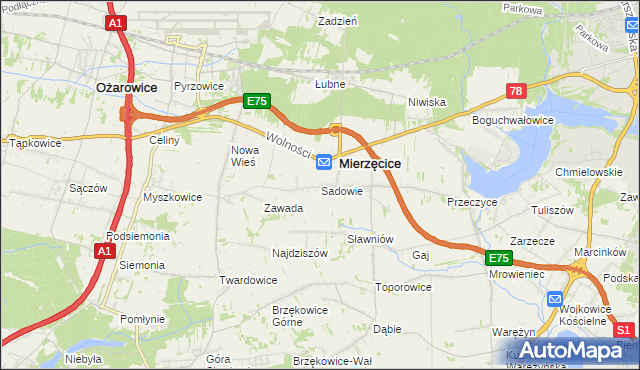 mapa Sadowie gmina Mierzęcice, Sadowie gmina Mierzęcice na mapie Targeo