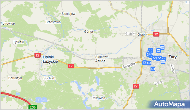 mapa Sieniawa Żarska, Sieniawa Żarska na mapie Targeo