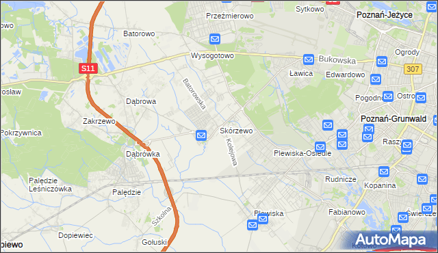 mapa Skórzewo gmina Dopiewo, Skórzewo gmina Dopiewo na mapie Targeo