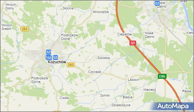 mapa Sokołów gmina Kożuchów, Sokołów gmina Kożuchów na mapie Targeo