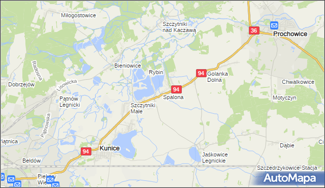 mapa Spalona gmina Kunice, Spalona gmina Kunice na mapie Targeo