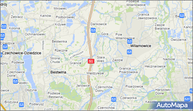 mapa Stara Wieś gmina Wilamowice, Stara Wieś gmina Wilamowice na mapie Targeo