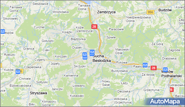mapa Sucha Beskidzka, Sucha Beskidzka na mapie Targeo