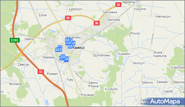 mapa Szymanowo gmina Rawicz, Szymanowo gmina Rawicz na mapie Targeo