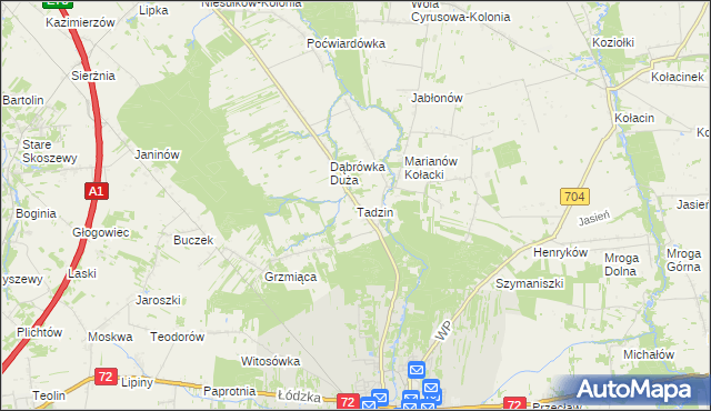 mapa Tadzin gmina Brzeziny, Tadzin gmina Brzeziny na mapie Targeo