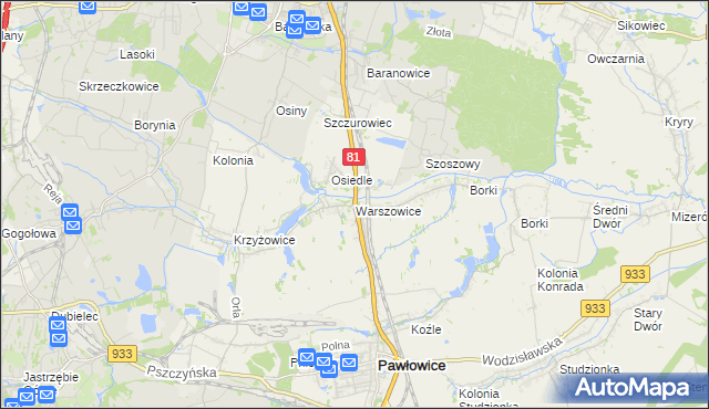 mapa Warszowice, Warszowice na mapie Targeo